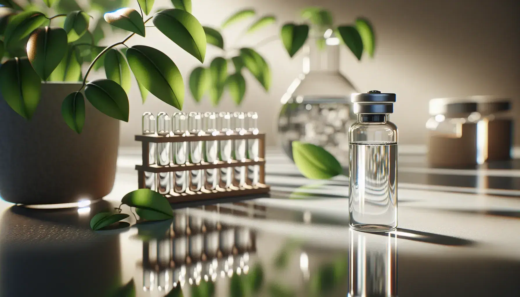 Transparent glass vial with colorless liquid and black cap on reflective laboratory bench, empty test tubes in wooden rack and blurry green leaves on background.