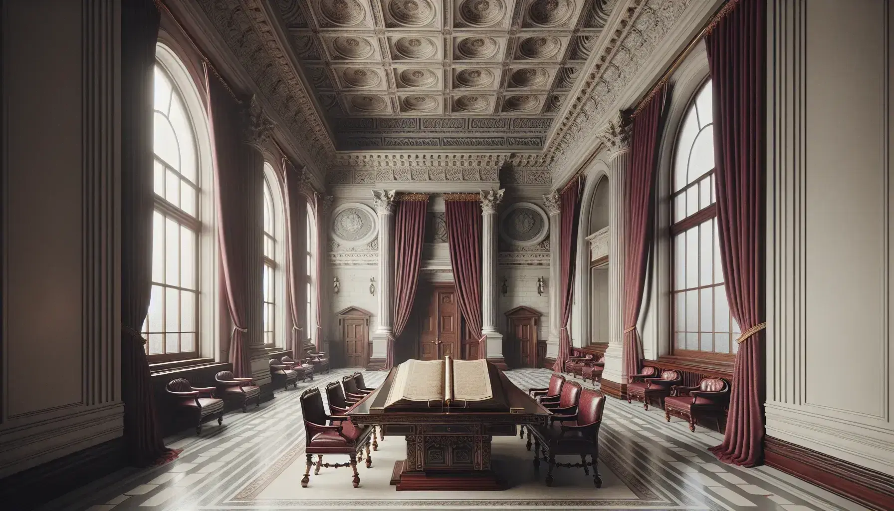 Neoclassical grand room with Corinthian columns, coffered ceiling, marble floor, mahogany table with open book, and red-cushioned chairs.