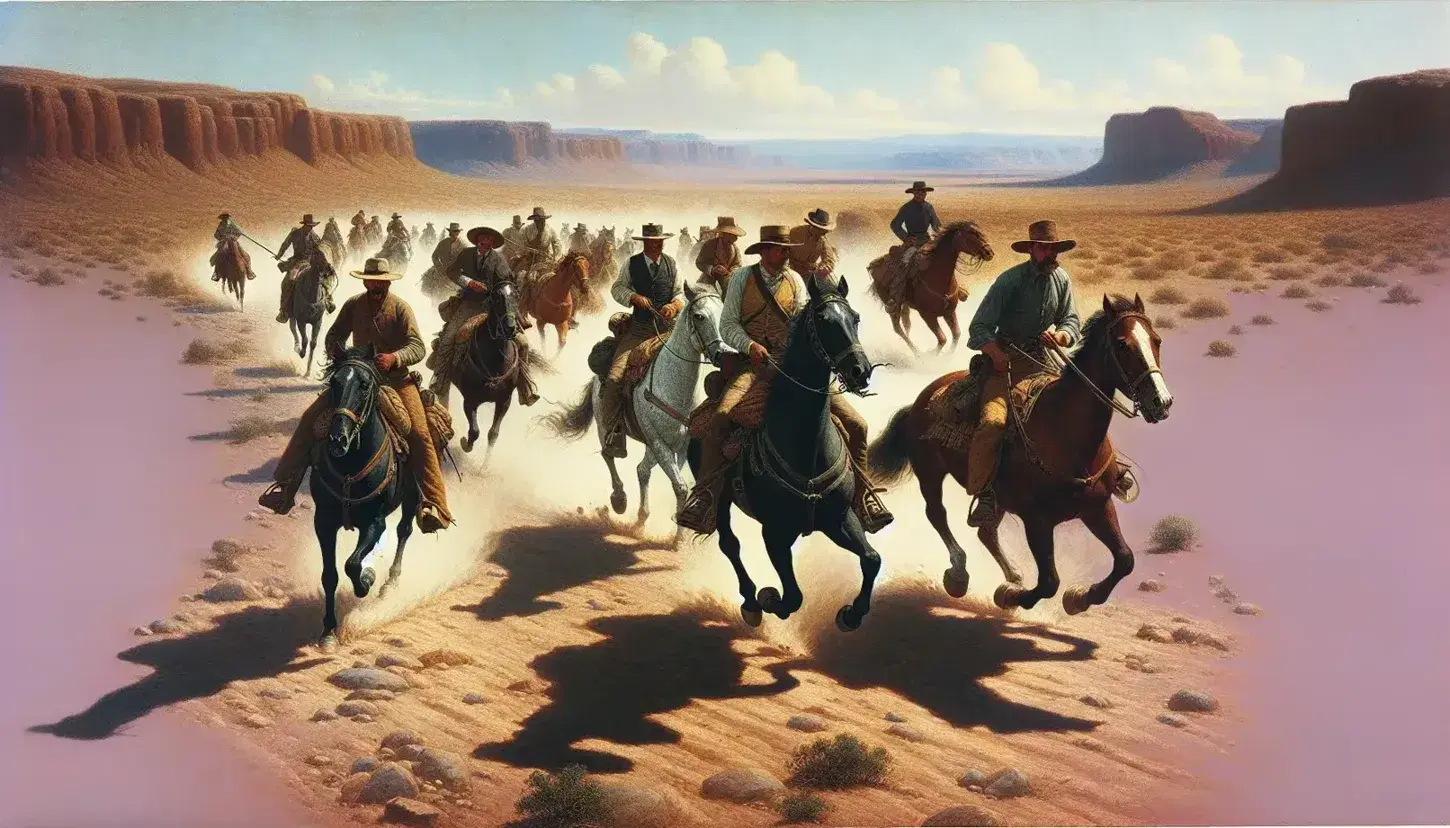 Grupo de jinetes en caballos avanzando por paisaje árido bajo cielo azul, vestidos al estilo del siglo XX con sombreros de ala ancha y bandoleras.