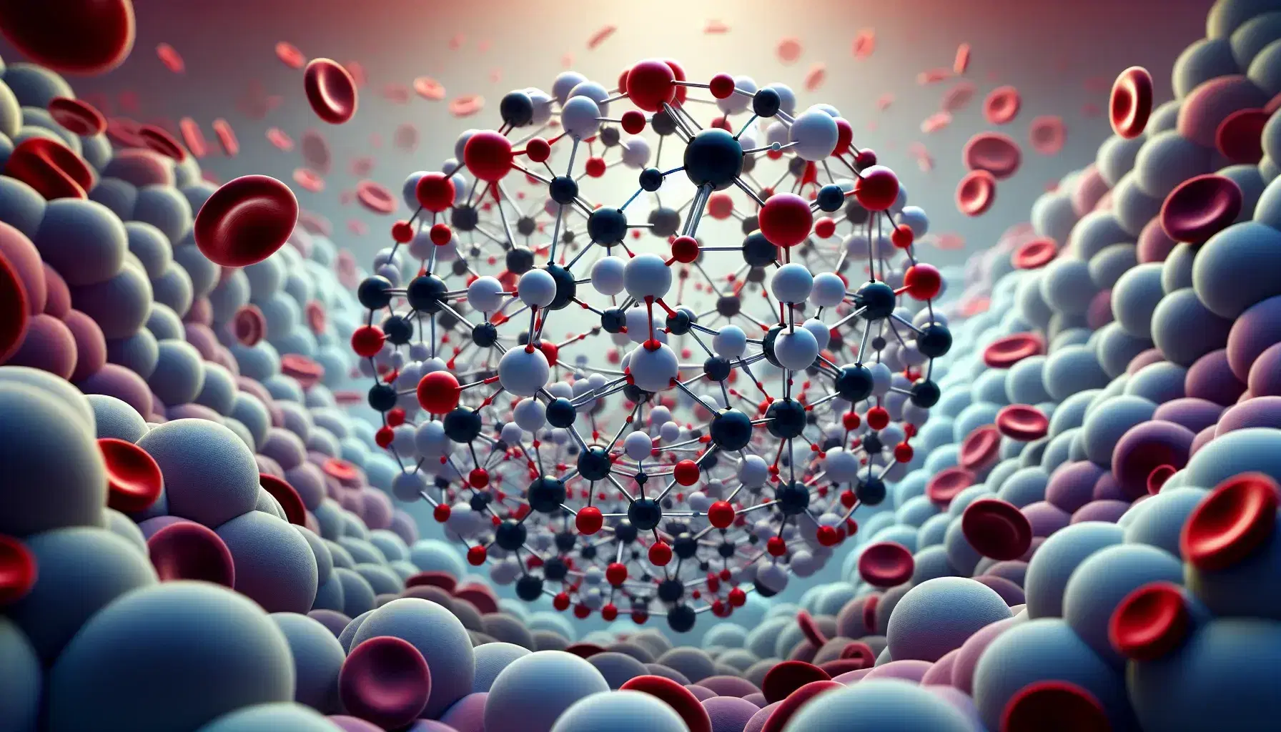 Estructuras moleculares tridimensionales con átomos de colores conectados por enlaces y células sanguíneas rojas en fondo translúcido.
