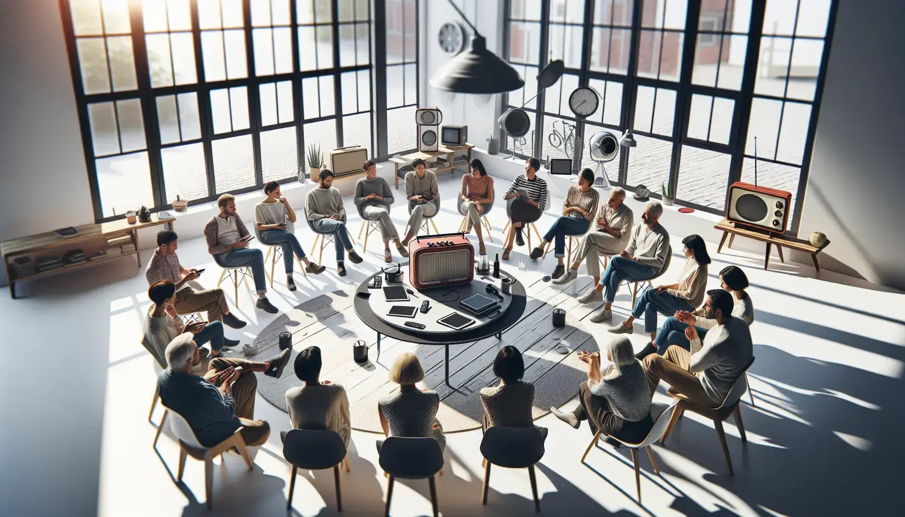Gruppo di persone sedute in cerchio discute attorno a tavolo con dispositivi multimediali in ambiente luminoso.