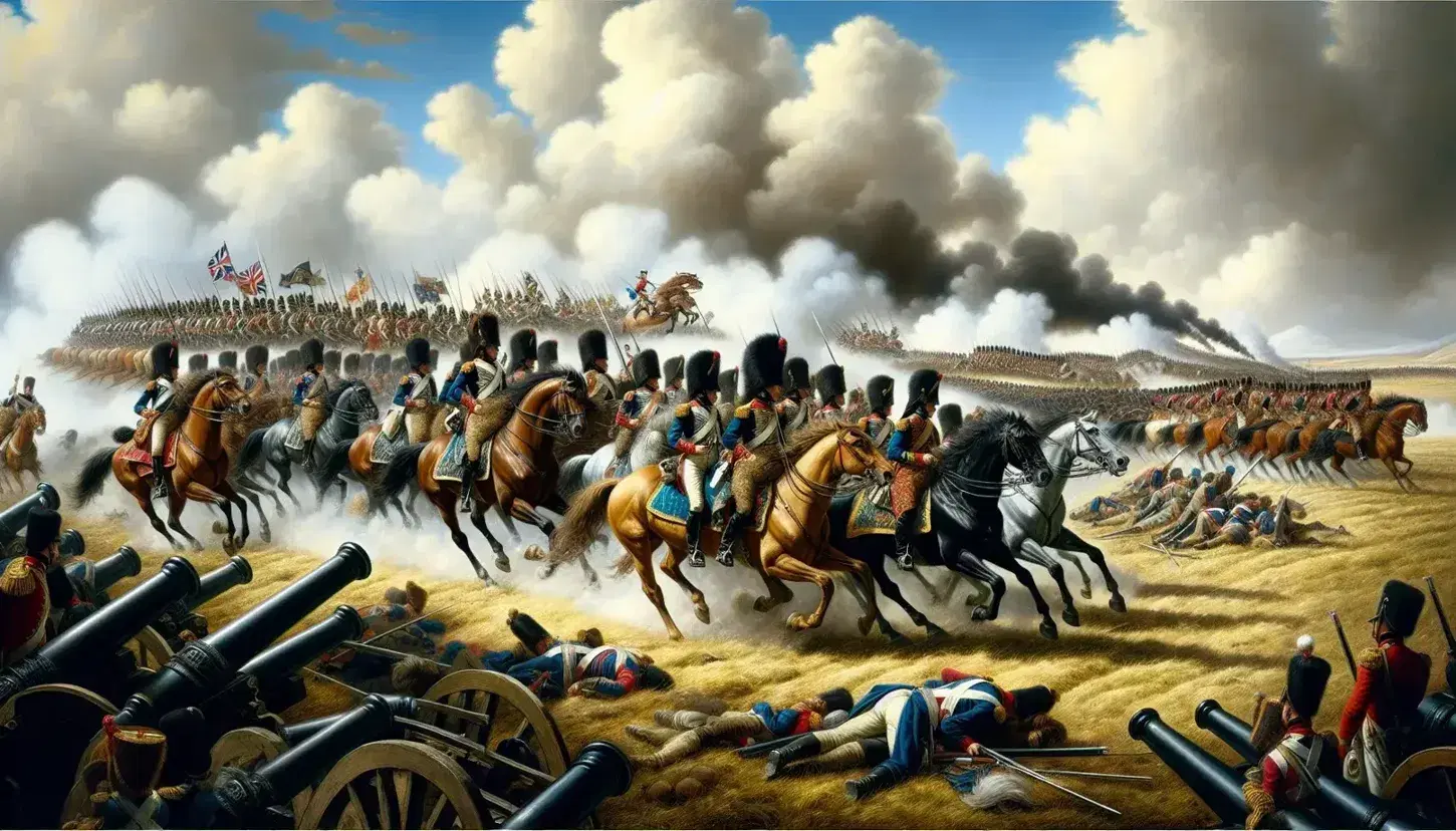 Rappresentazione artistica della Battaglia di Blenheim con cavalieri in uniformi colorate su cavalli al galoppo, linee di fanteria e cannoni fumanti.