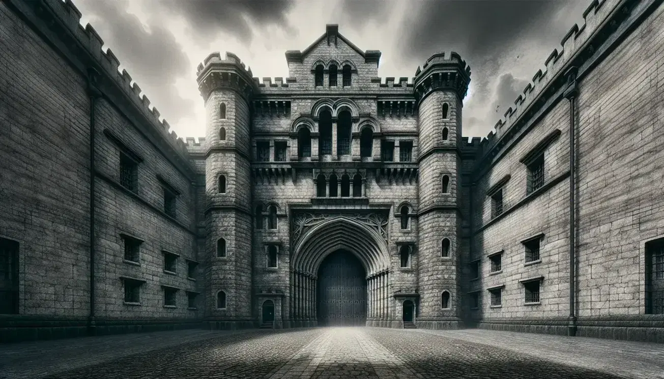 Victorian Pentonville Prison entrance with arched gateway, barred windows, and spiked walls under an overcast sky, flanked by iron gas lamps.