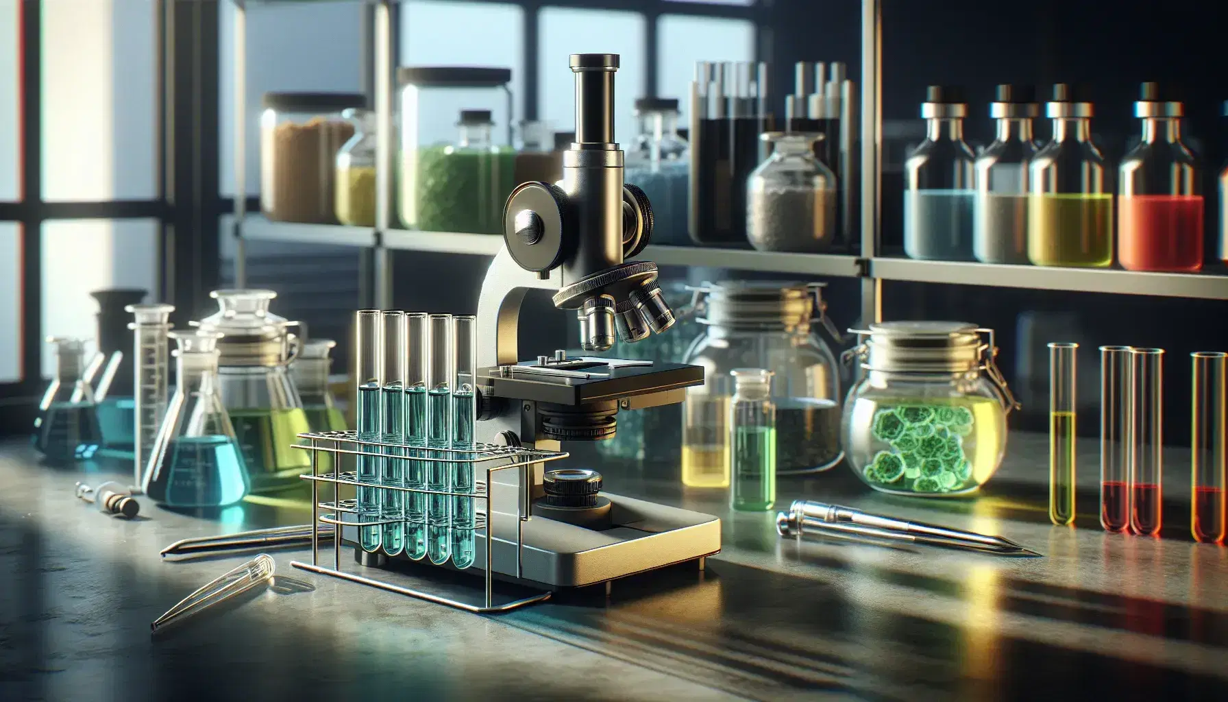 Microscopio compuesto en laboratorio con tubos de ensayo de colores azul, verde y amarillo y frascos de vidrio en estante desenfocado al fondo.