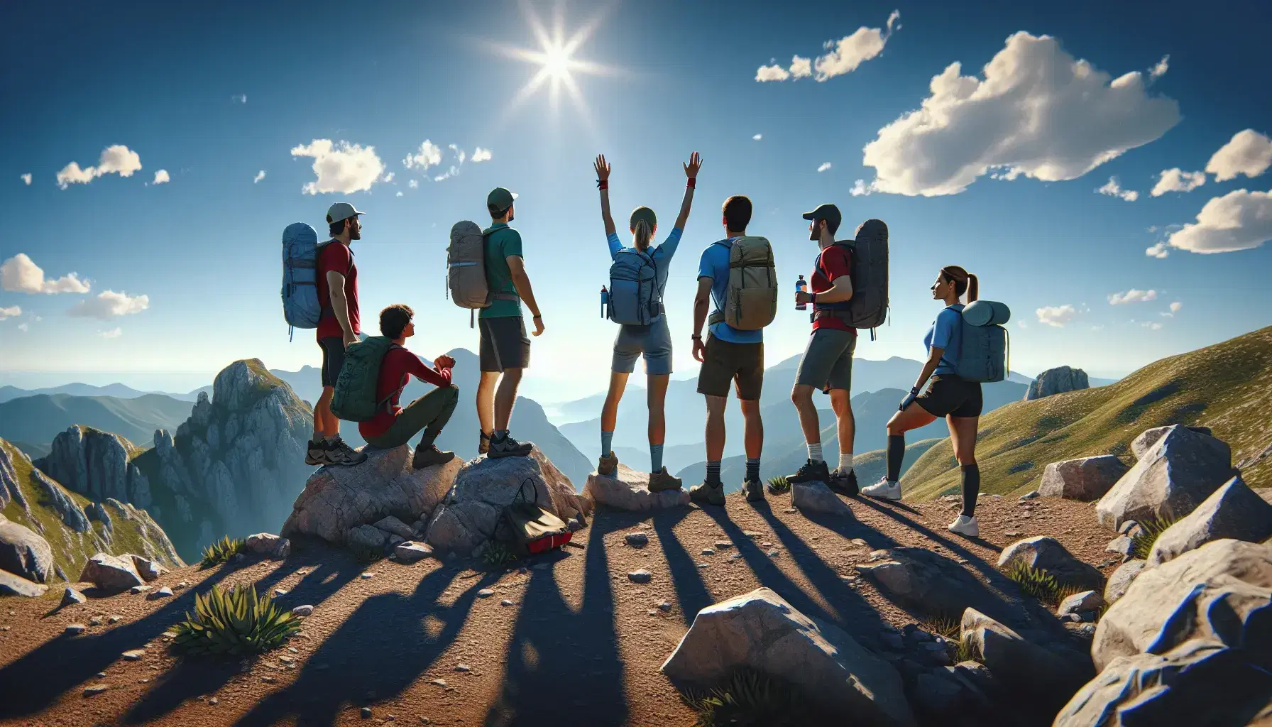 Grupo de cinco excursionistas celebrando en la cima de una montaña rocosa bajo un cielo azul claro con nubes dispersas, vestidos con ropa deportiva colorida y mochilas pequeñas.