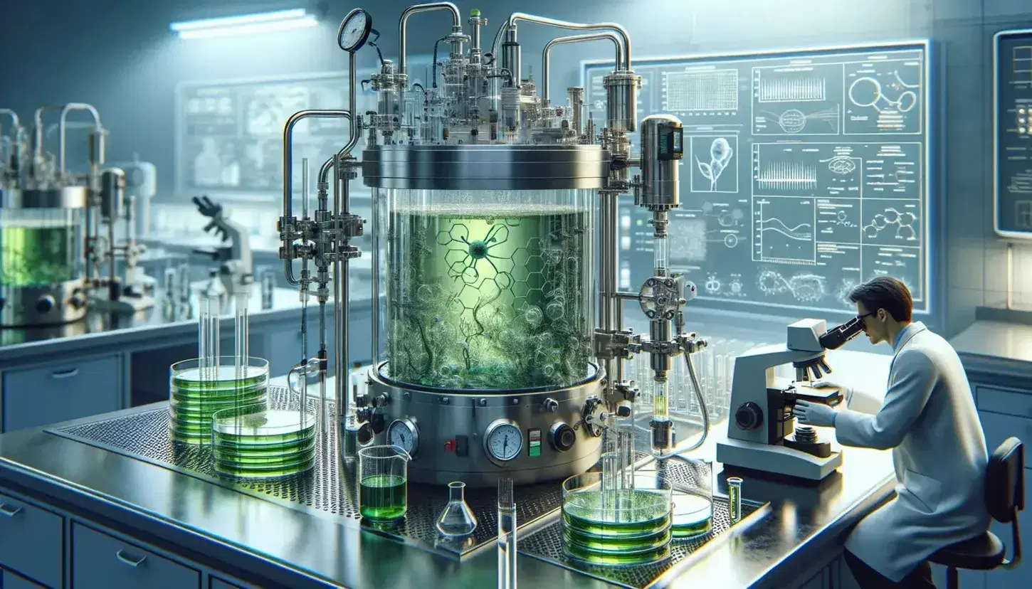 Bioreactor with green liquid culture, petri dishes with algae samples, scientist using microscope, and plants for phytoremediation in a modern lab.