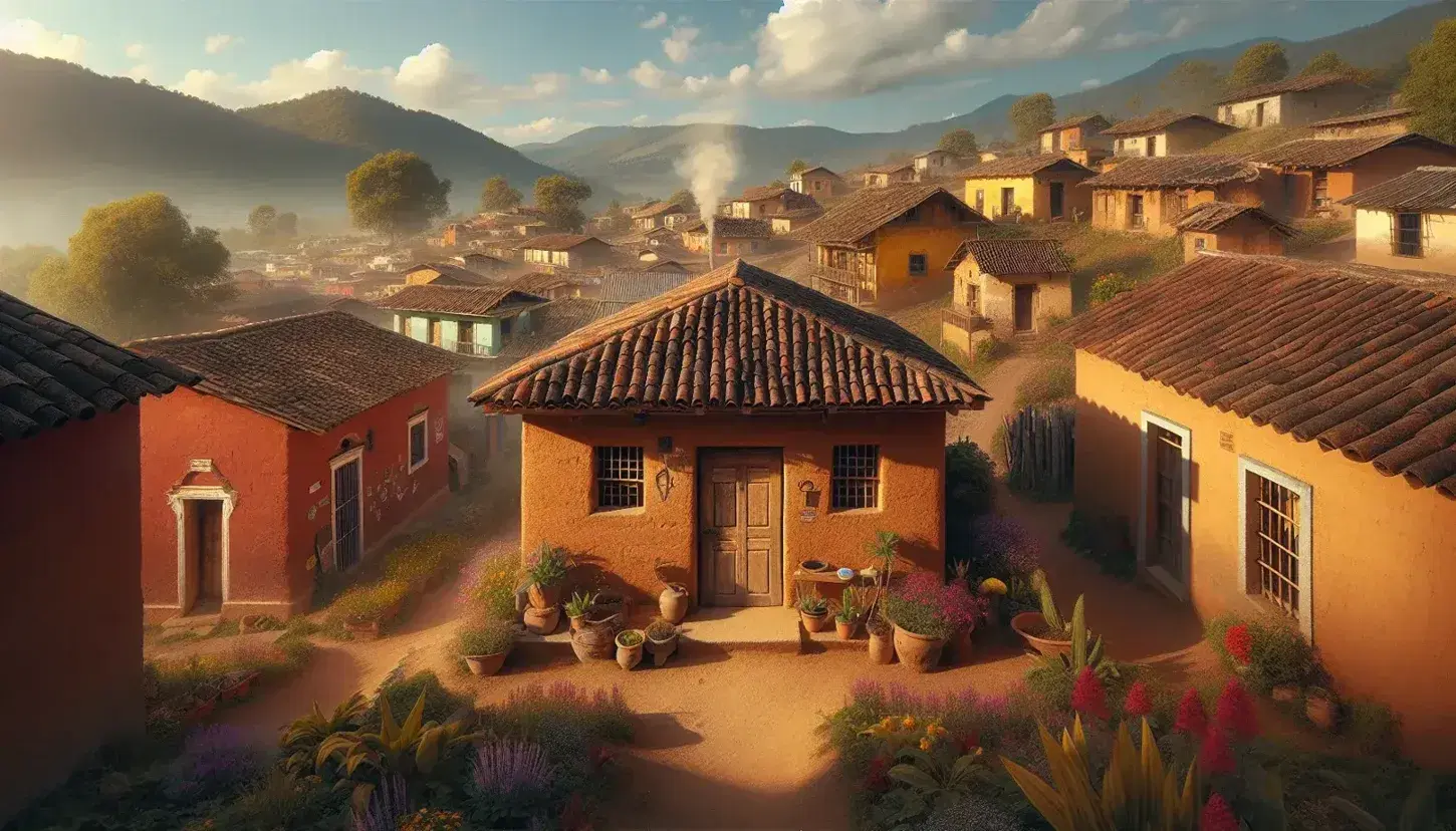 Vista panorámica de un pueblo guatemalteco con casas de adobe y tejados de teja rojiza, jardines floridos y colinas verdes bajo un cielo azul.