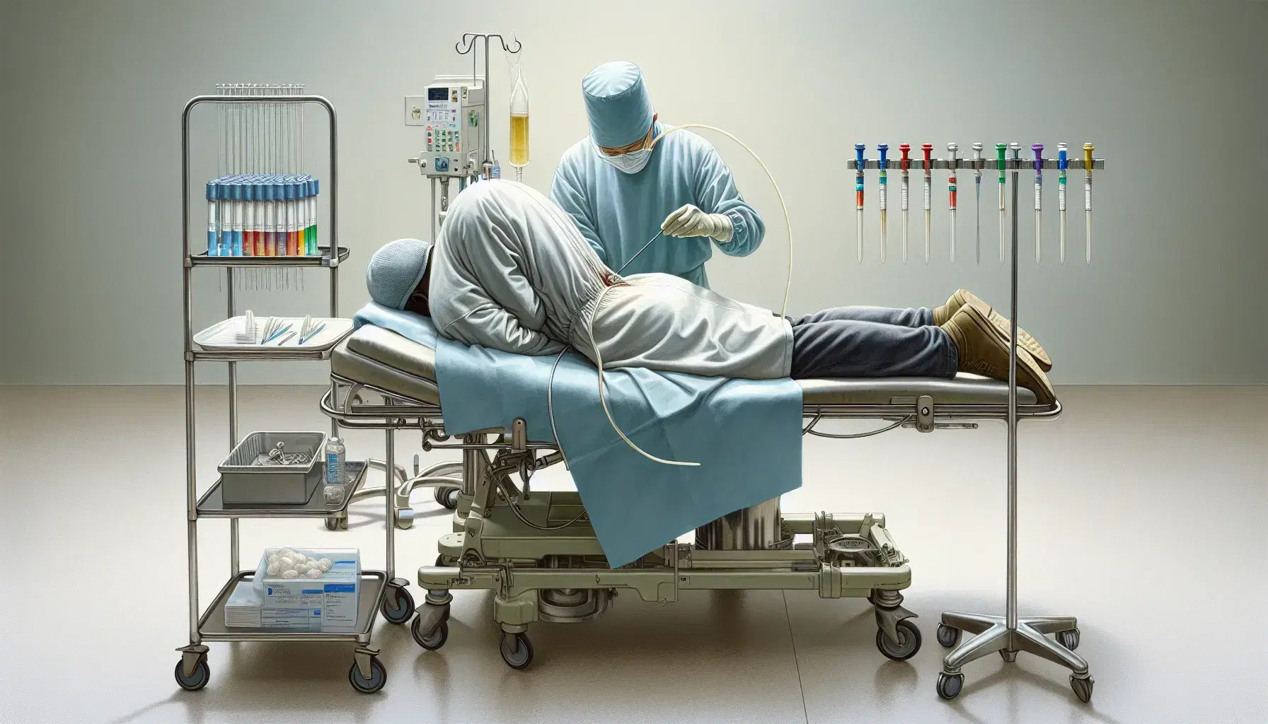 Profesional de la salud realizando punción lumbar a paciente en posición fetal en sala clínica, con mesa de instrumental y tubos de ensayo listos para muestras.