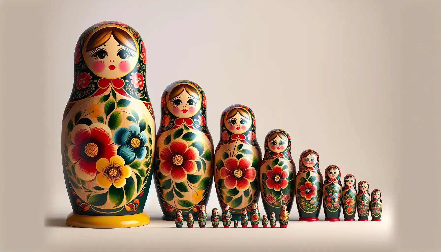 Series of colorful Russian Matryoshka dolls in descending order, with intricate floral patterns and shiny finishes on a light background.