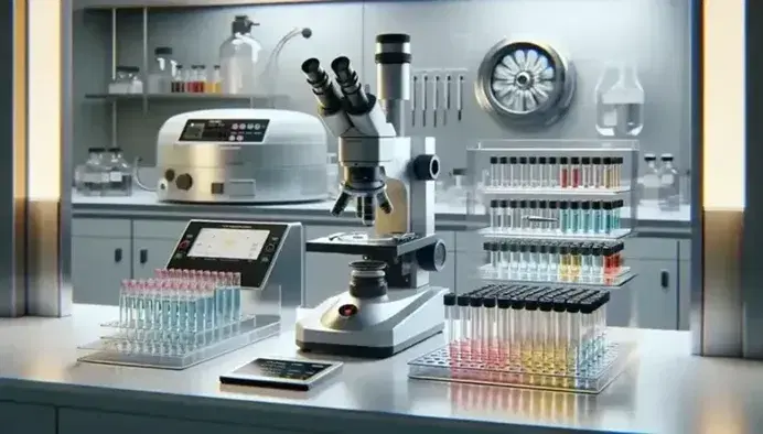 Immunology laboratory with microscope, stained slides, test tubes, digital pipette, centrifuge and scale, hand with glove and flask.