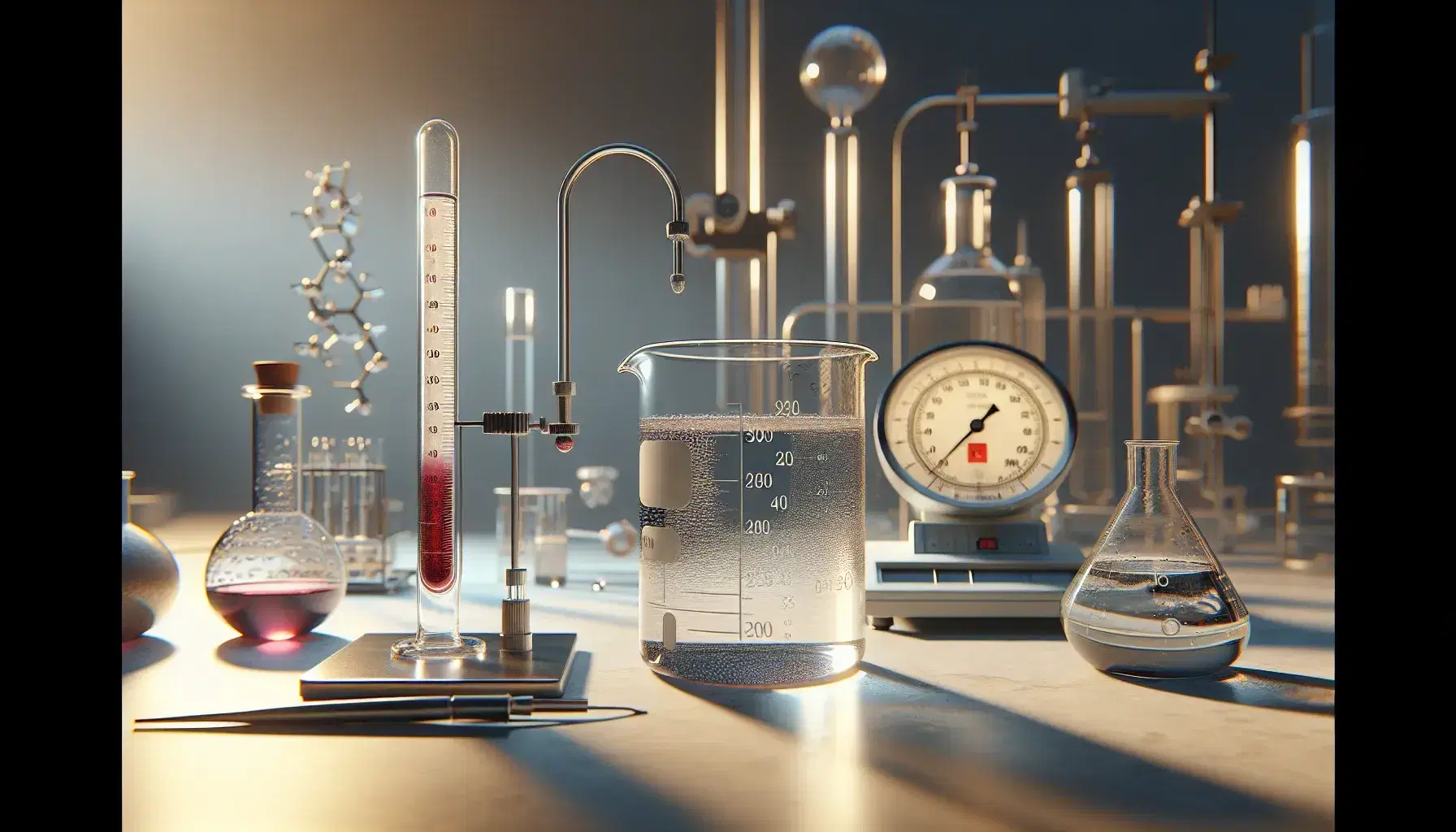 Laboratorio científico con elementos para el estudio de fluidos, incluyendo un vaso de precipitados con líquido, termómetro de vidrio, cilindro graduado y manómetro en U.