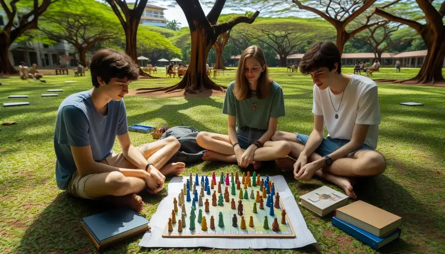 Tres jóvenes sentados en el césped jugando un juego de mesa estratégico en un parque, rodeados de árboles y libros, disfrutando de un día soleado.