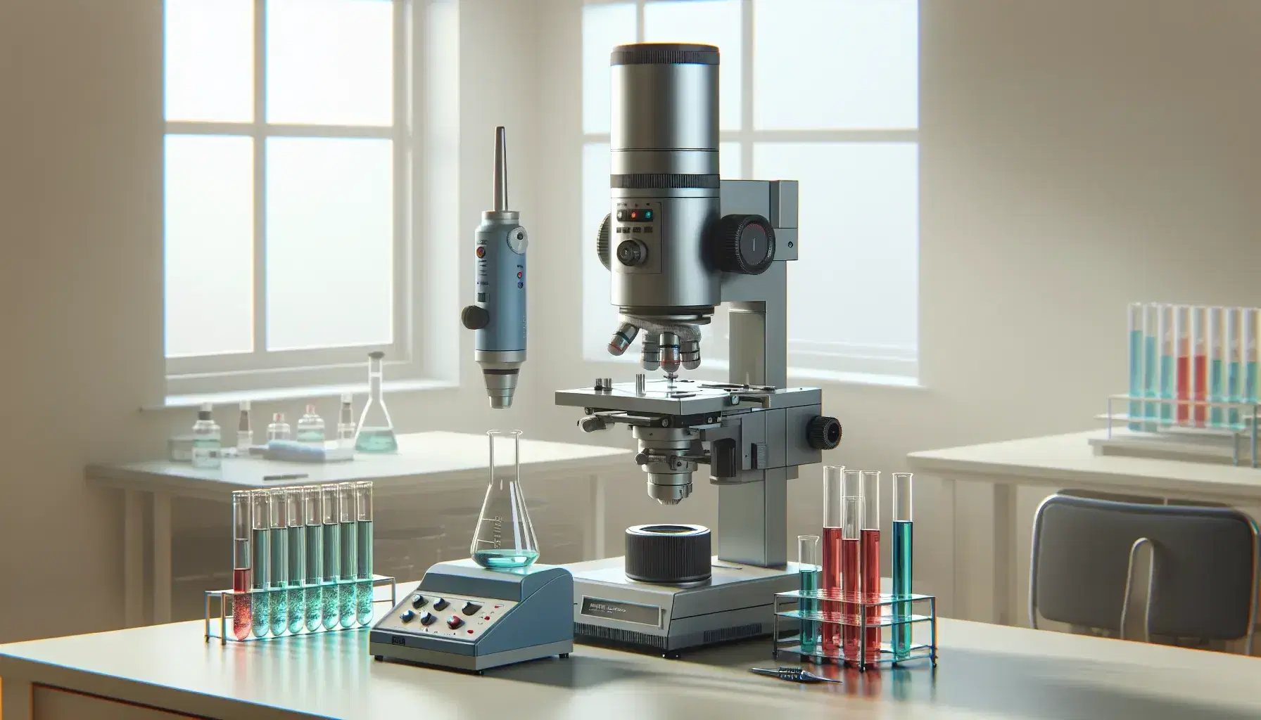 Microscopio elettronico a trasmissione grigio metallico su tavolo da laboratorio con provette e pipetta automatica blu.
