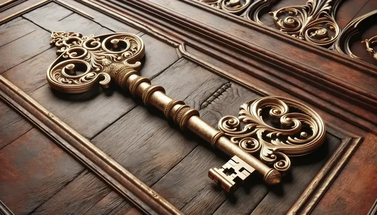 Ornate brass key with baroque patterns pointing towards an out-of-focus mahogany door with carved details, evoking mystery and antiquity.
