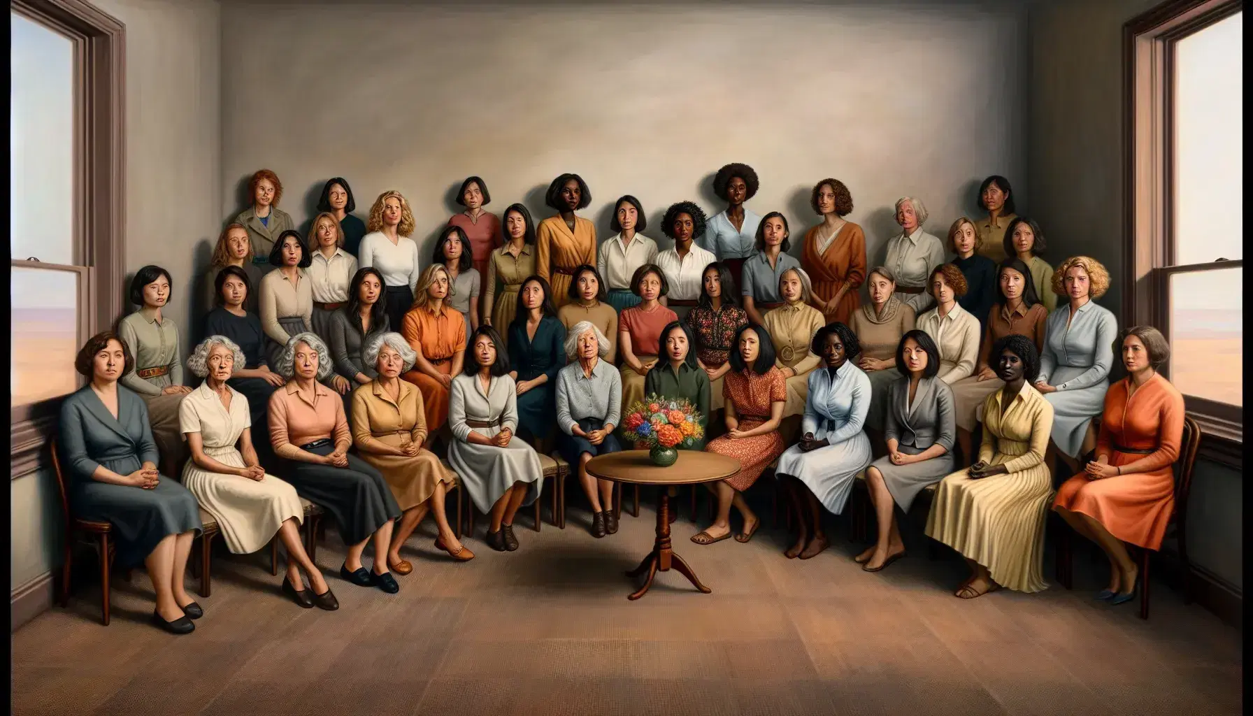 Group of diverse women sitting together in a simple room with a table in the center and a vase of colorful flowers symbolizing unity.
