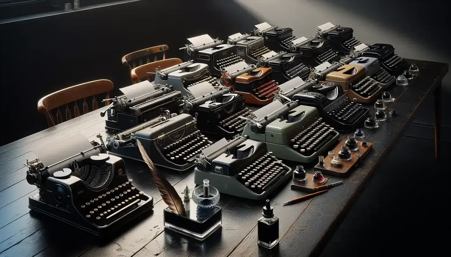 Collezione di macchine da scrivere vintage su tavolo scuro, con calamaio, inchiostro versato e penna d'oca, in ambiente illuminato naturalmente.