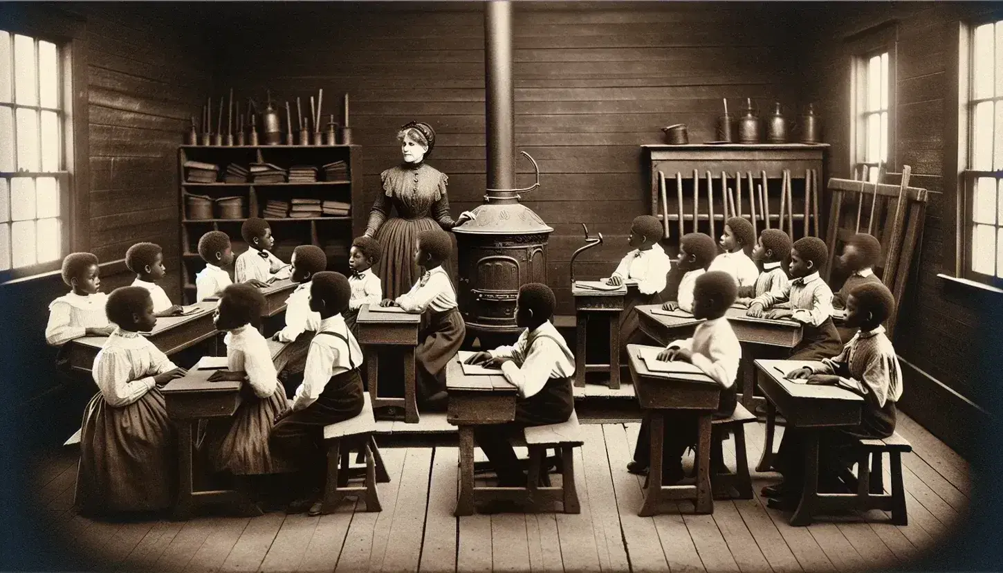 Vintage sepia-toned photo of a diverse 19th-century classroom with African American children at wooden desks and a female teacher by a stove.