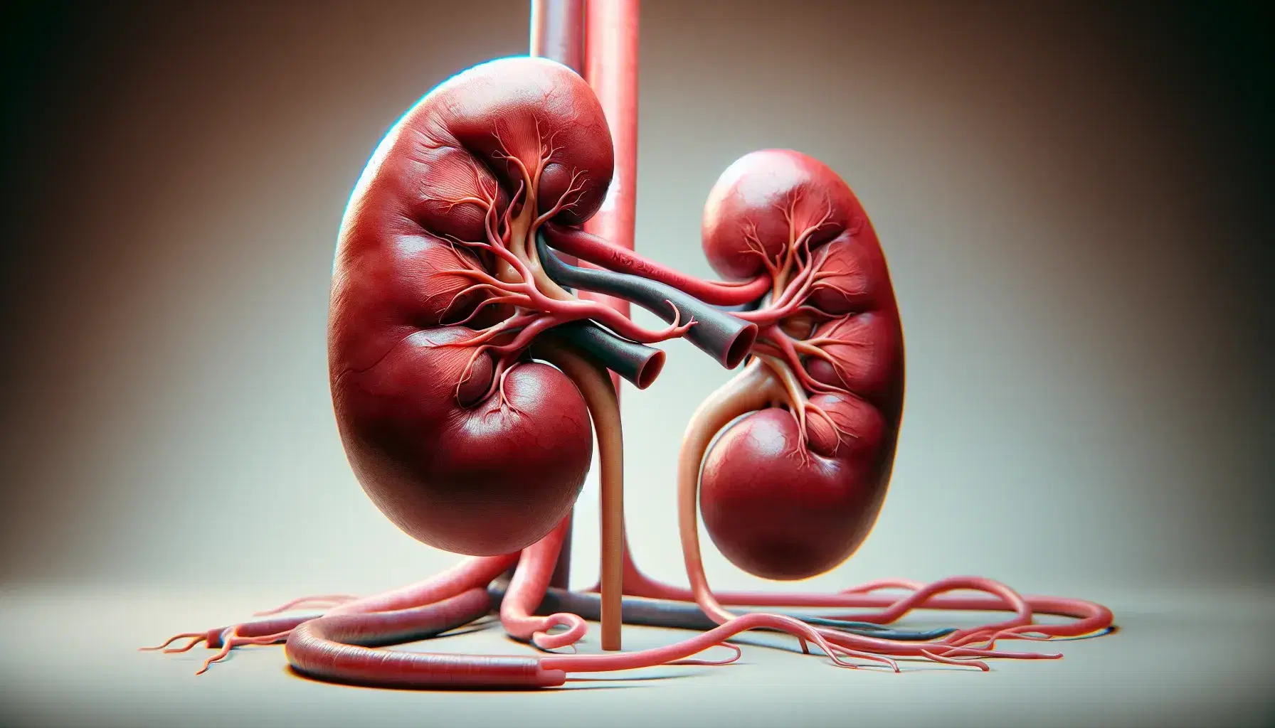 Modelo anatómico detallado de un riñón humano con ureter, arteria y vena conectados, destacando las áreas cortical y medular en fondo neutro.