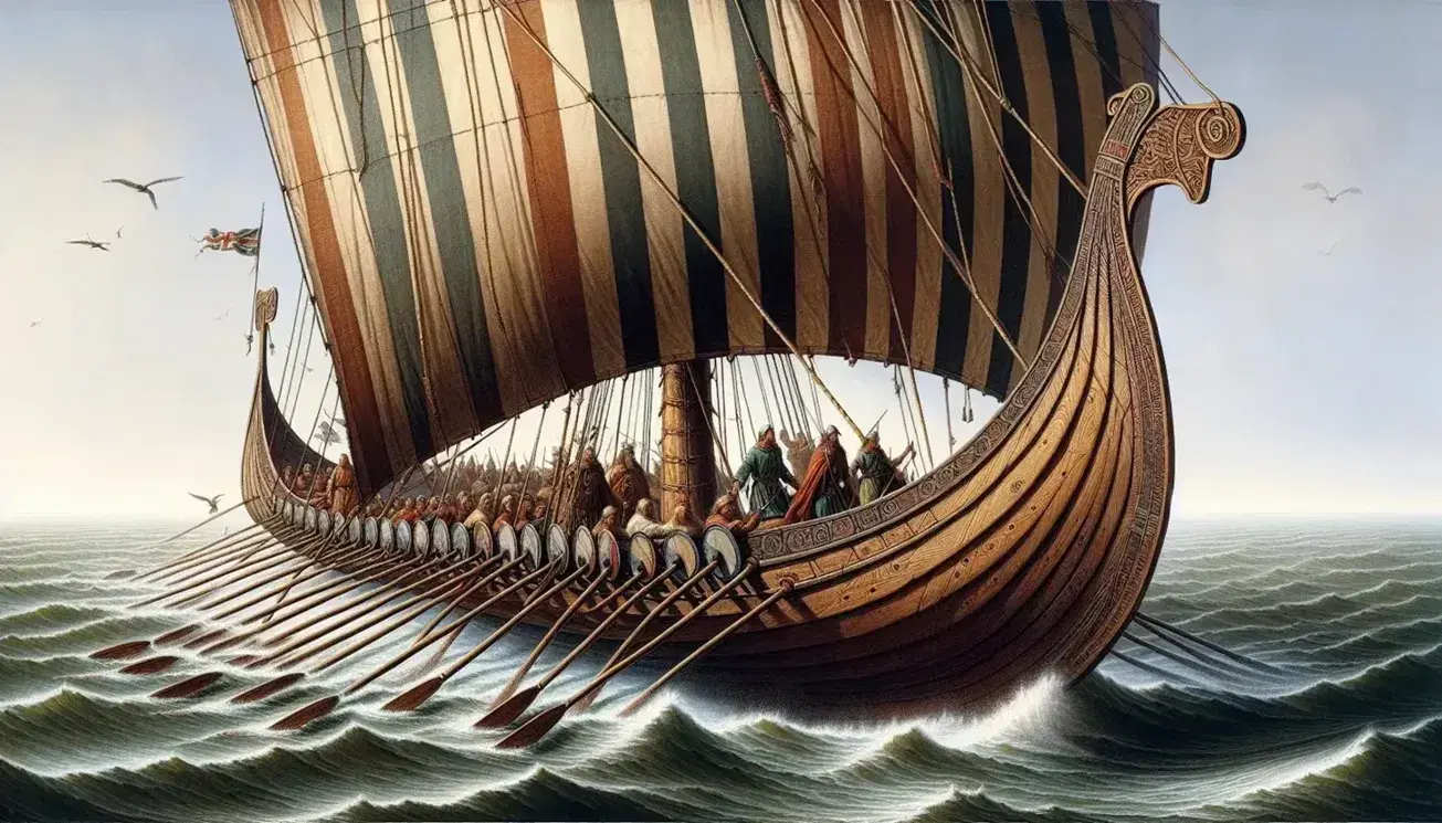 Viking longship at sea with high prow, stern carvings, billowing striped sail, and crew in period attire rowing and navigating calm blue waters.