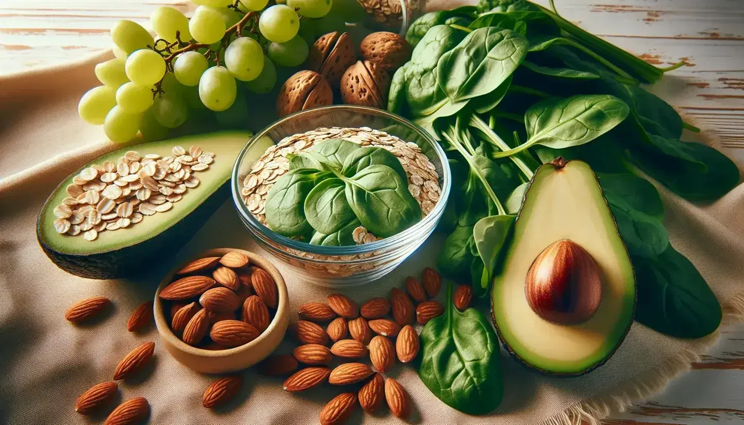 Variedad de alimentos saludables con avena cruda en bol de vidrio, almendras, uvas verdes, medio aguacate, espinacas frescas y rodajas de manzana verde sobre superficie de madera clara.