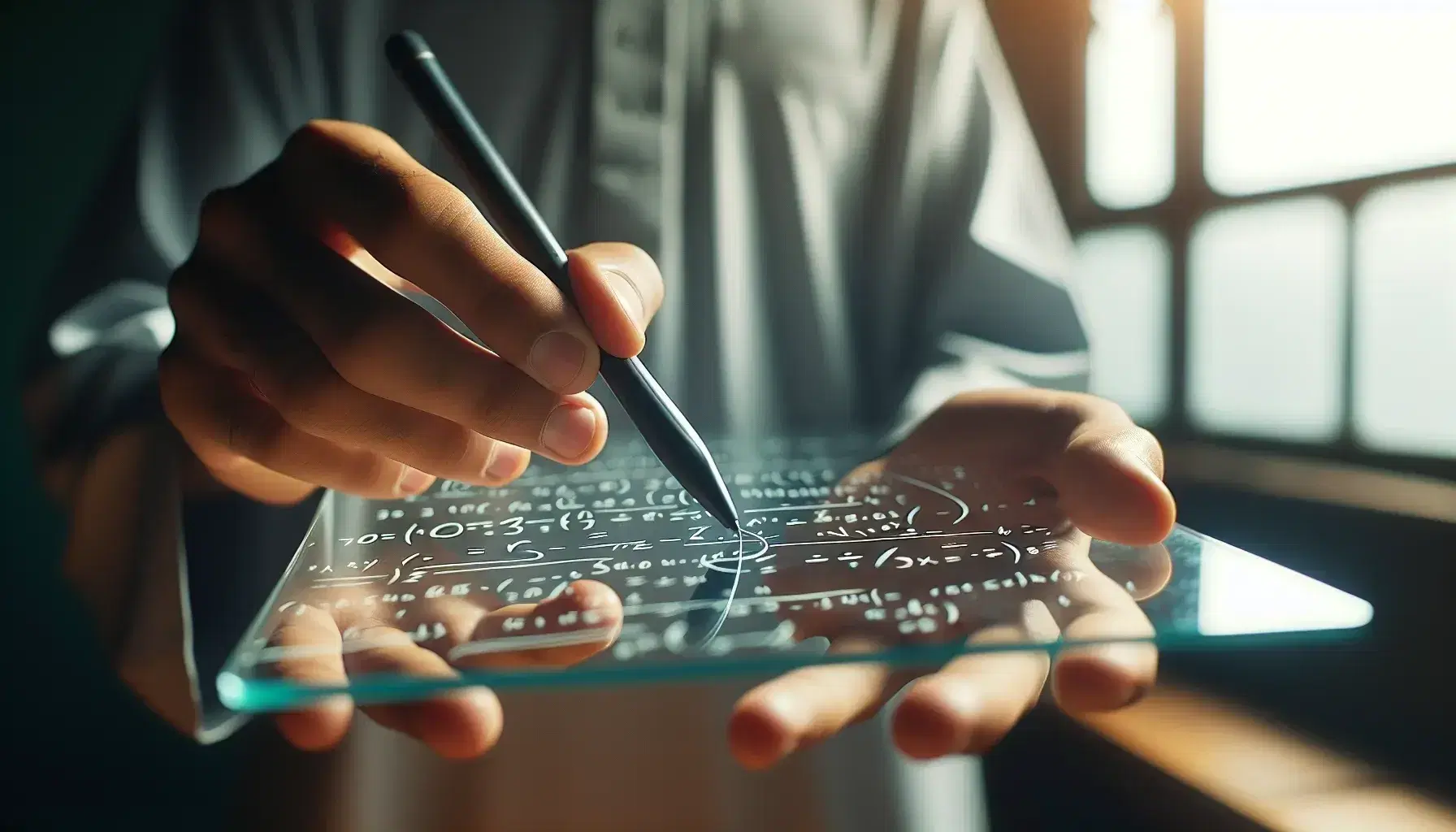 Close-up view of a Middle-Eastern man's hands using a stylus on a transparent glass surface with indistinct mathematical calculations in a classroom setting.