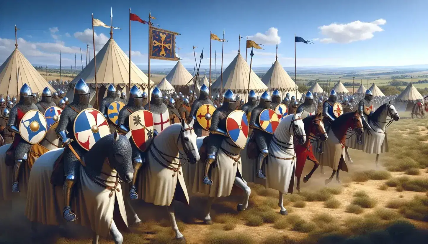 Knights of the First Crusade in mail armour, helmets and colorful shields, with spears at the tented camp under a blue sky.