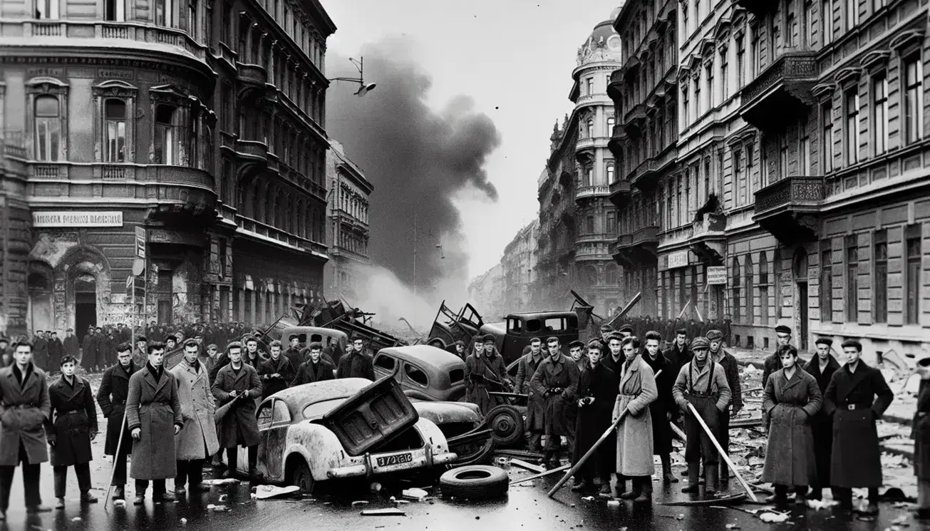 Civilians behind a barricade of overturned vehicles on a damaged Budapest street during the 1956 Hungarian Revolution, with smoke in the background.