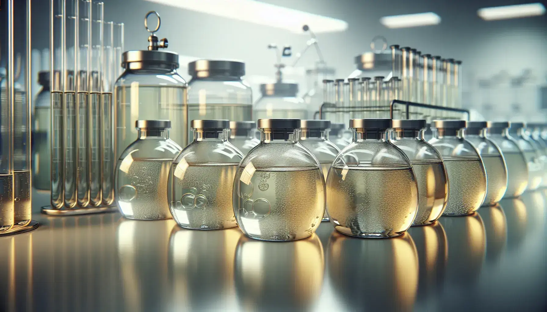 Frascos de vidrio transparente con tapas metálicas en fila sobre superficie clara, conteniendo líquido amarillento con burbujas de fermentación, en laboratorio con iluminación suave.