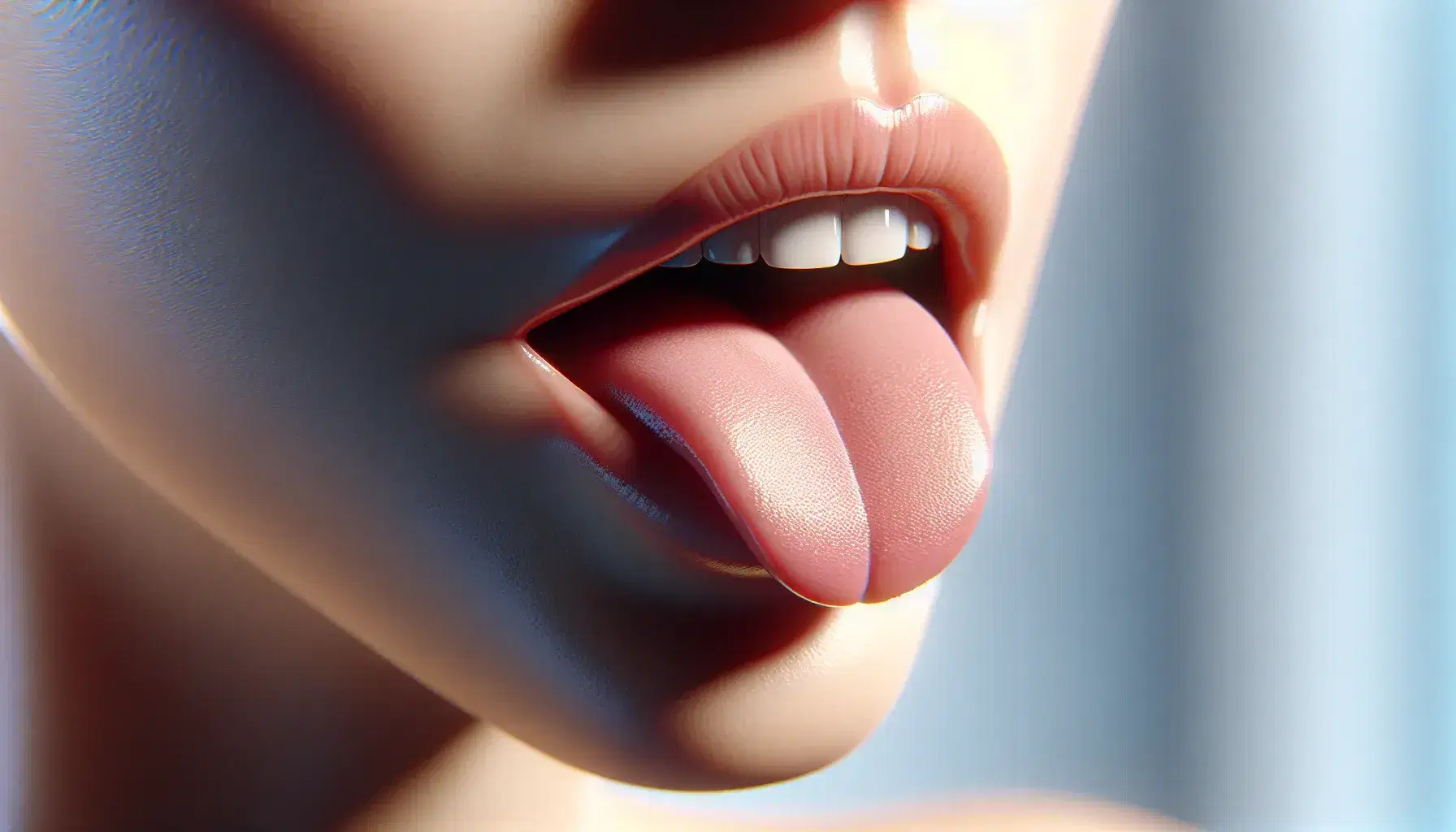Close-up view of a person's mouth with tongue touching the alveolar ridge, showcasing teeth and tongue against a blurred blue background.