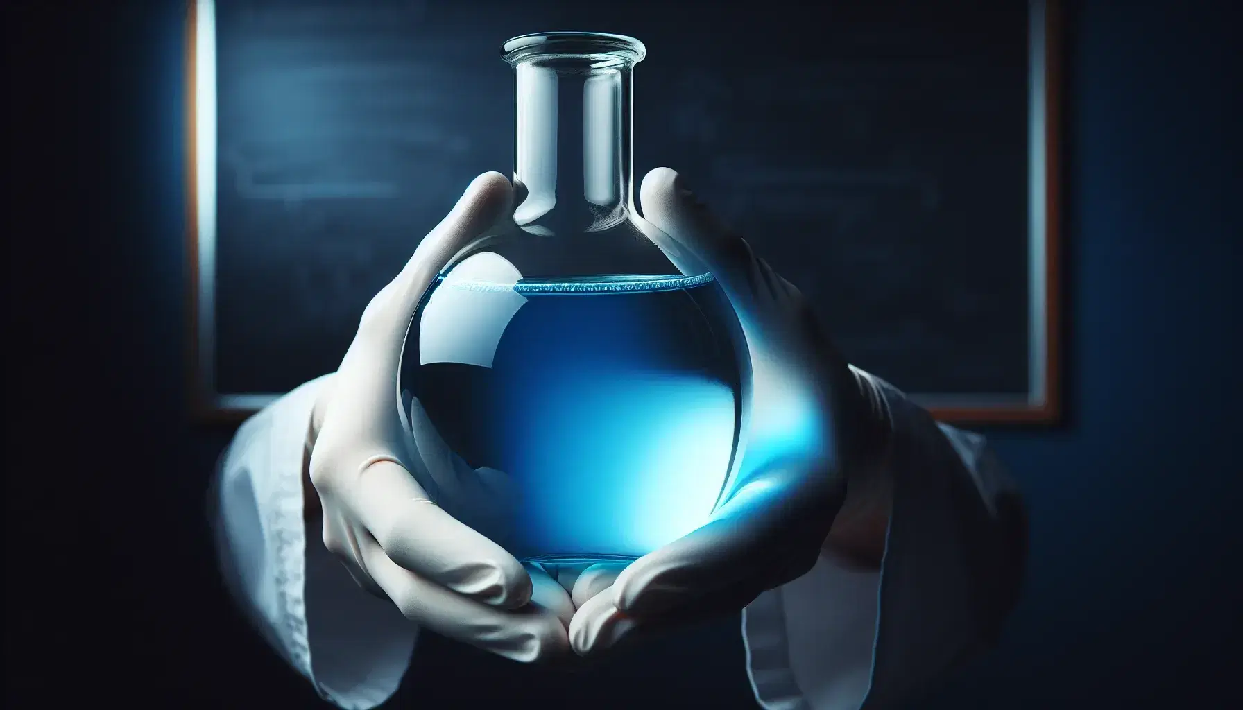 Close-up of gloved hands holding a glass flask with blue gradient liquid against a blurred blackboard background, reflecting soft light.