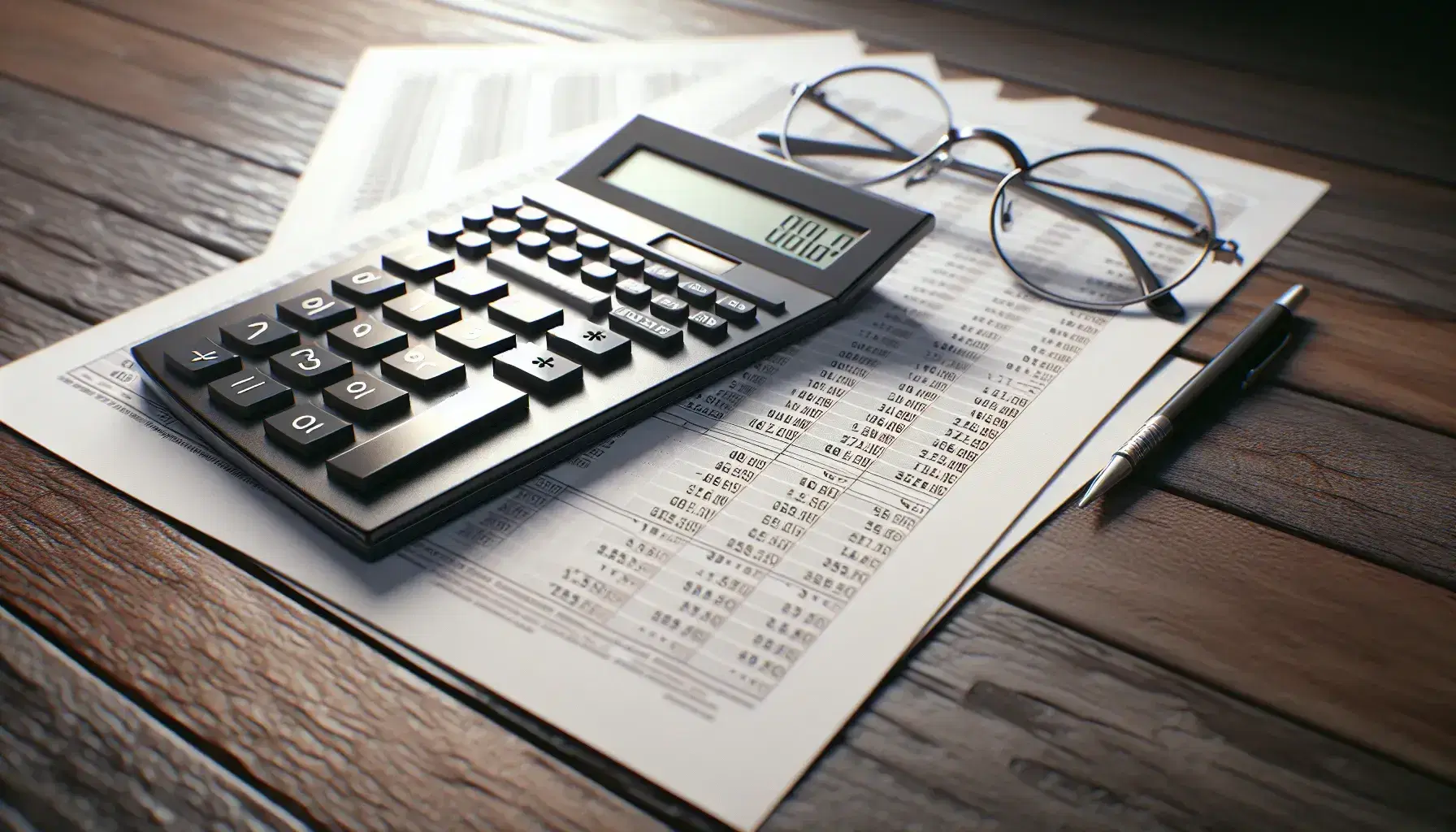Close-up view of a black calculator with white buttons on a wooden desk beside a stack of financial statements and a pair of metallic eyeglasses.