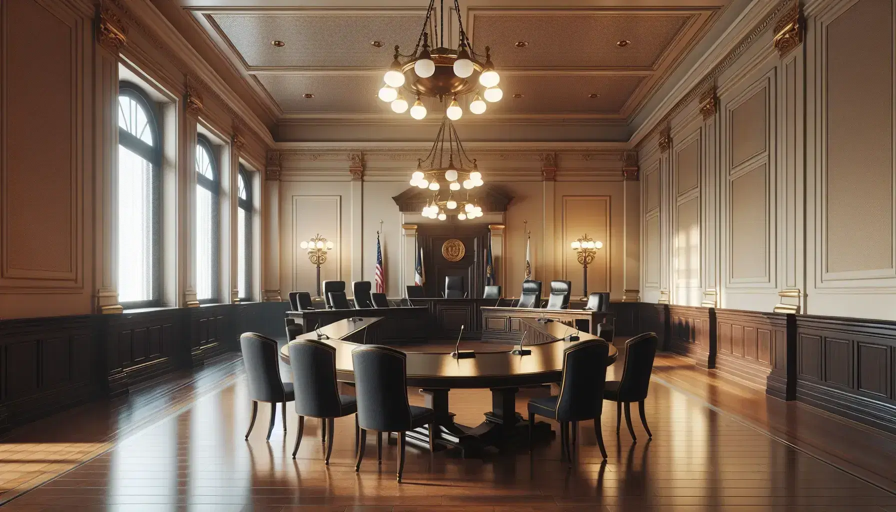 Sala de audiencias de un tribunal administrativo con mesa en forma de U, sillas altas azul oscuro, sillón elevado para el juez y bandera nacional junto a un escudo estatal.