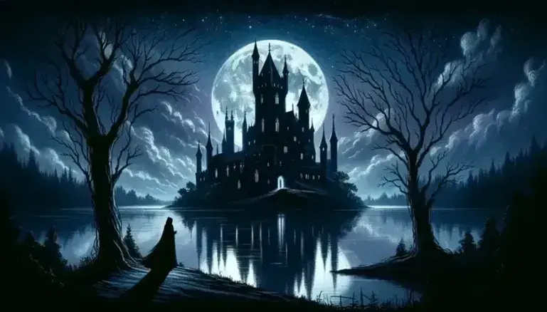 Castillo gótico nocturno con torres altas bajo cielo estrellado y luna llena, reflejado en un lago tranquilo con figura solitaria contemplativa a la orilla.