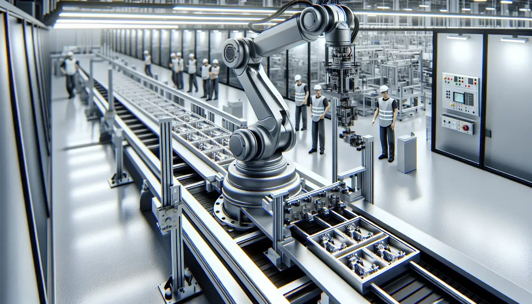 Robotic arm assembling components on a conveyor belt in a well-lit industrial manufacturing floor with diverse workers overseeing the process.