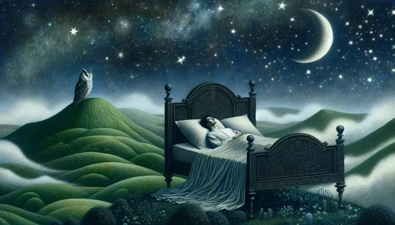 Cielo stellato su paesaggio onirico con colline verdi, letto antico e figura umana addormentata, gufo grigio e riflesso in uno stagno.