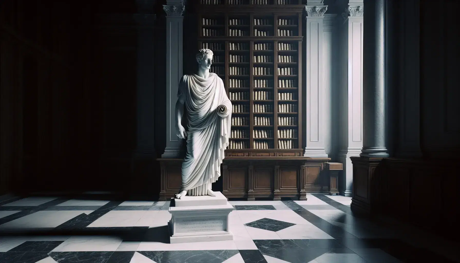 Statua in marmo bianco di figura storica romana con toga, in posa riflessiva con rotolo di papiro, su sfondo di antica biblioteca.