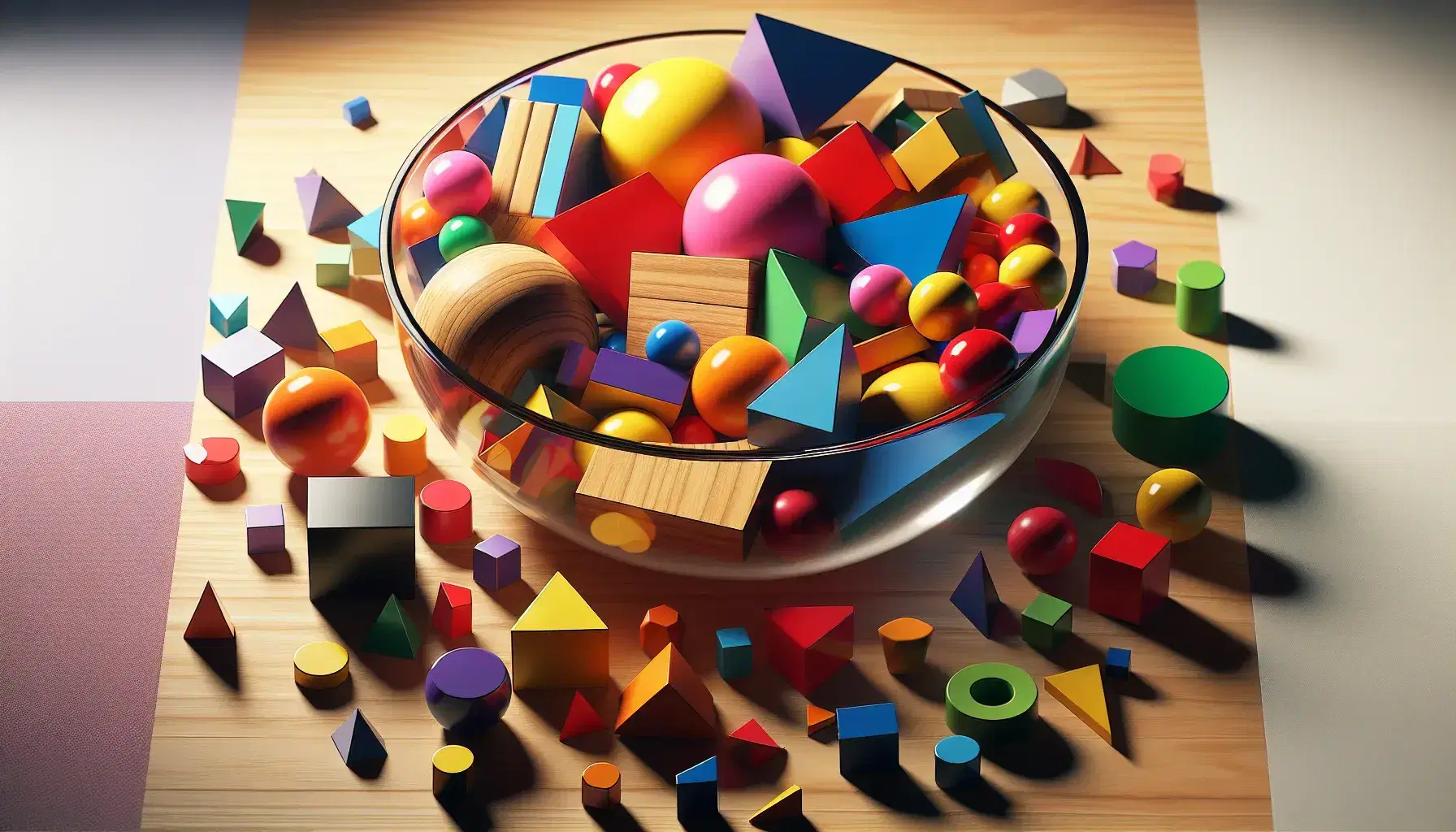 Wooden table with scattered colorful geometric shapes, some inside and some outside a clear glass bowl.