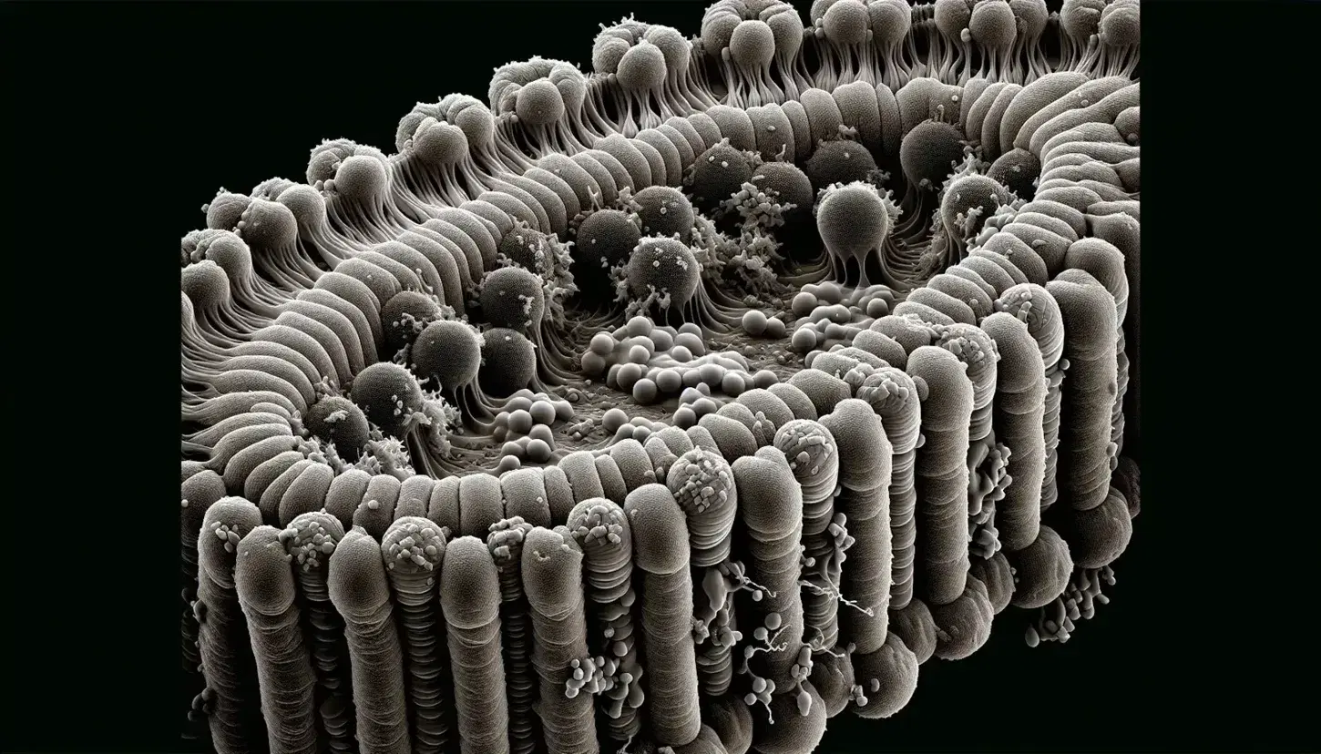 Membrana cellulare al microscopio elettronico con doppio strato lipidico e proteine incastonate, dettagli in sfumature di grigio.