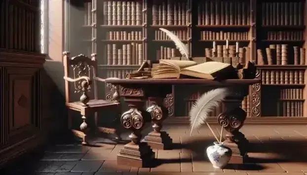 Biblioteca antigua con mesa de madera oscura y libro abierto, pluma en tintero de porcelana y estantería repleta de libros bajo luz cálida y suave.