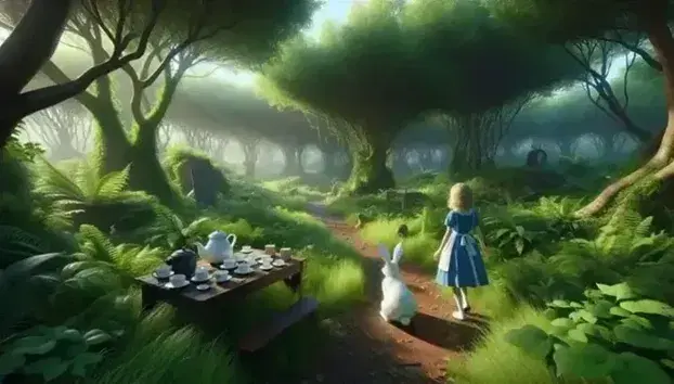Ragazza bionda in abito blu e grembiule bianco esplora sentiero in foresta rigogliosa con coniglio bianco e tavolo da picnic.