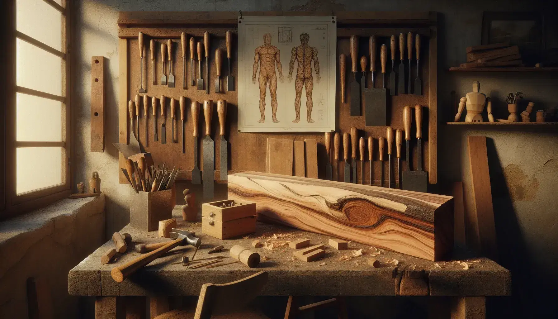 Banco da lavoro di falegname con legno grezzo, martello, sega, scalpelli e pannello con disegni in ambiente illuminato e accogliente.