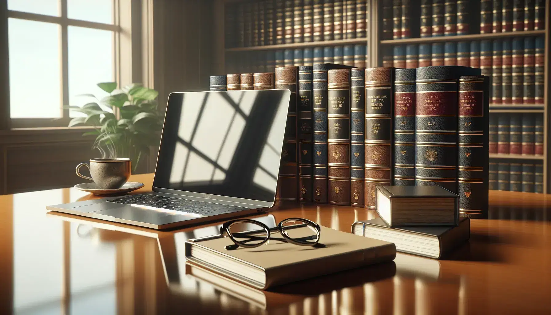 Tidy desk with modern laptop, stacked legal books, black glasses, beige folder and cup of coffee, blurred background with plant.