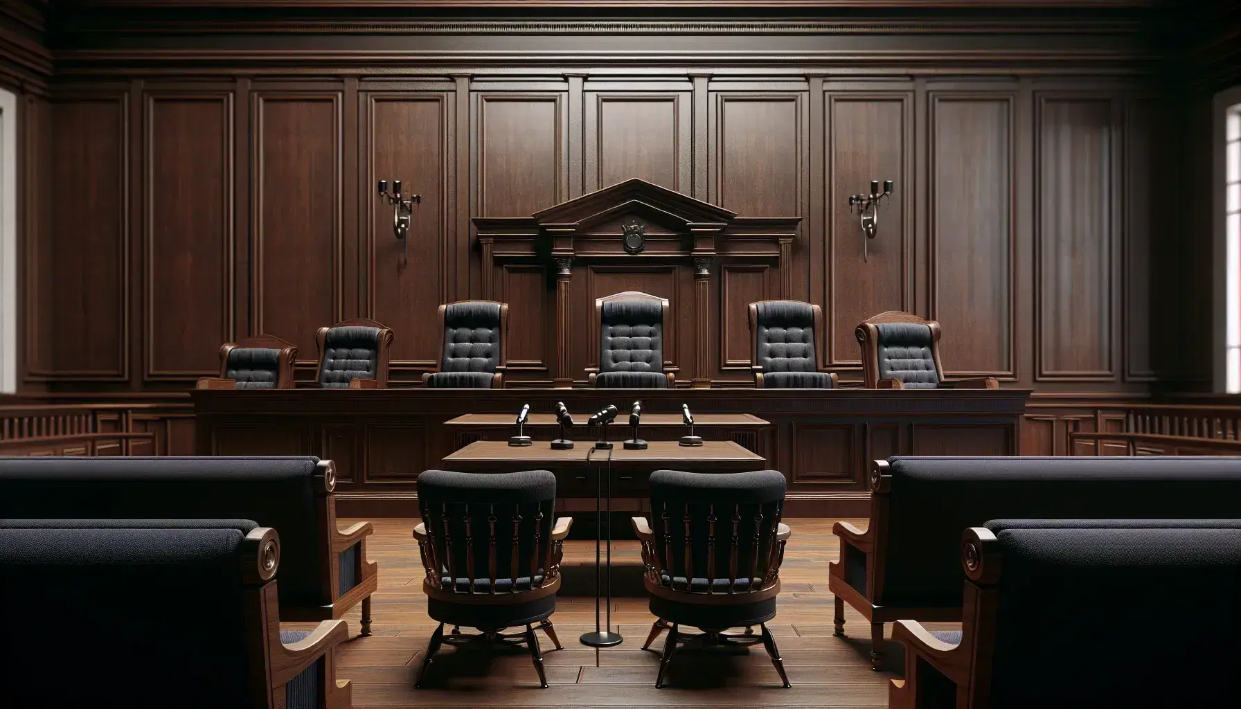 Aula di tribunale vuota con scrivania del giudice in legno scuro, microfoni neri, sedie imbottite blu e banchi per avvocati e pubblico.