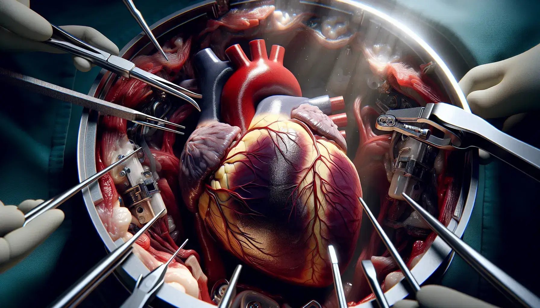 Cuore umano esposto durante chirurgia a cuore aperto, circondato da strumenti chirurgici metallici e tessuti, con enfasi sulla struttura cardiaca dettagliata.