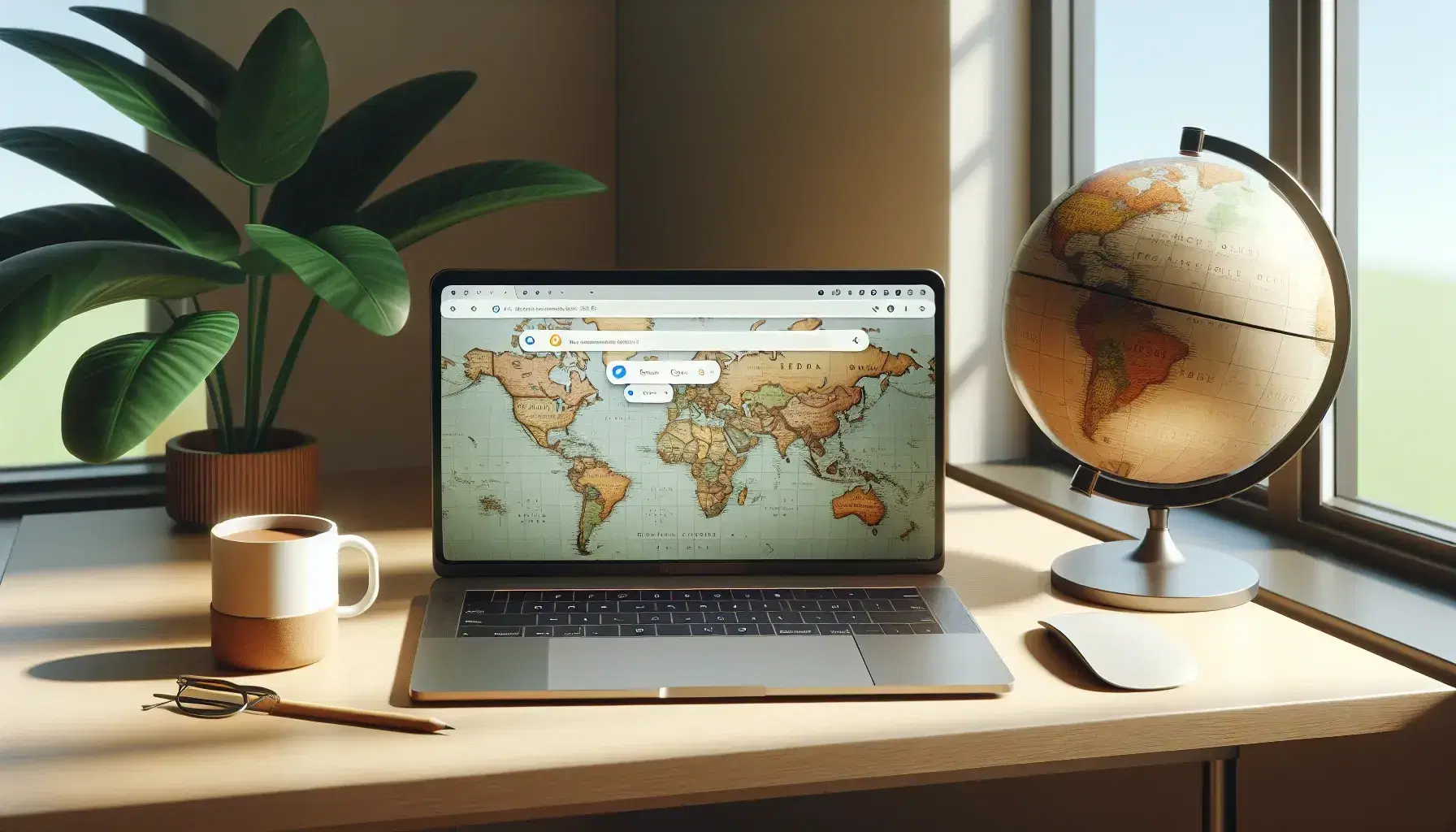 Scrivania in legno chiaro con laptop aperto, mappamondo fisico, tazza di caffè bianca e occhiali con montatura nera.