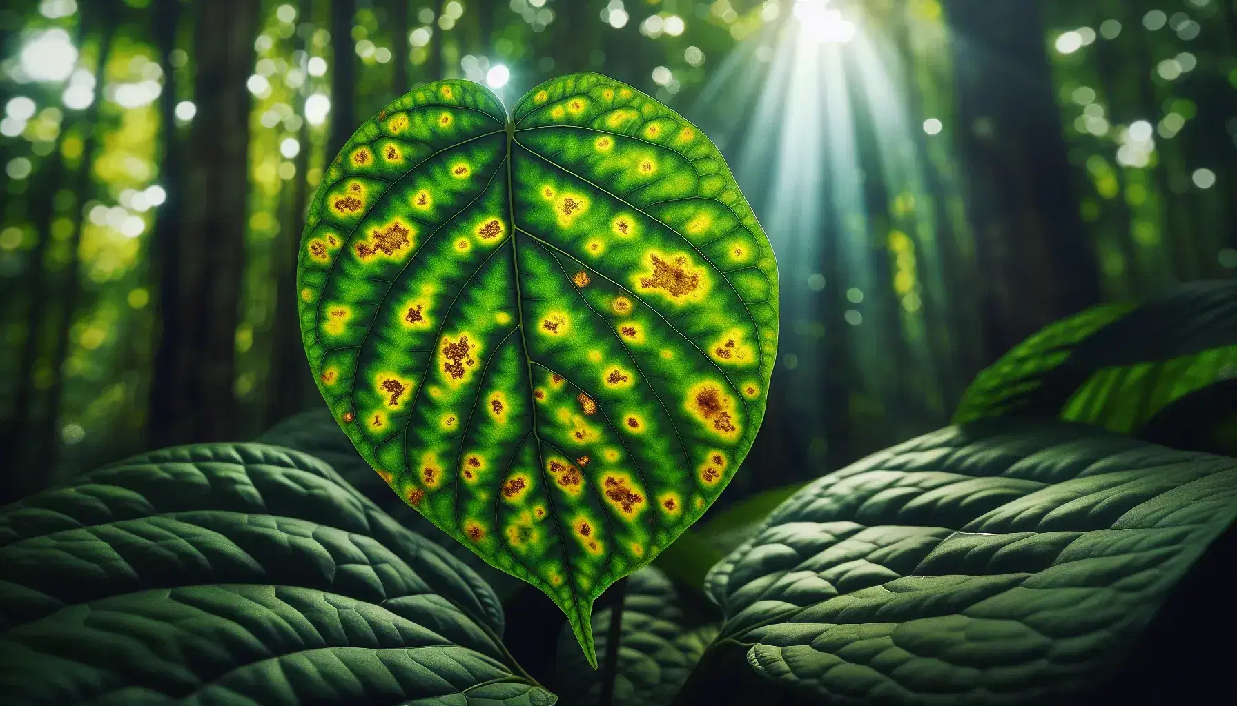 Close-up of a leaf with yellow and brown lesions indicative of Xanthomonas bacterial infection, surrounded by healthy green foliage.