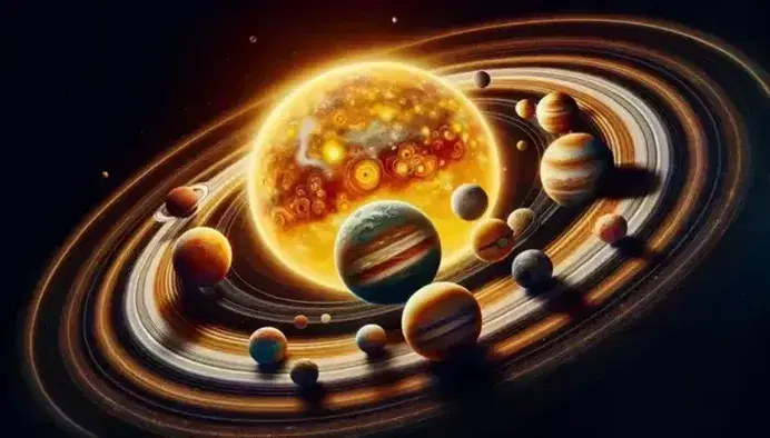 Rappresentazione artistica del sistema solare con il Sole al centro e otto pianeti su orbite ellittiche, inclusa la cintura di asteroidi e Plutone.