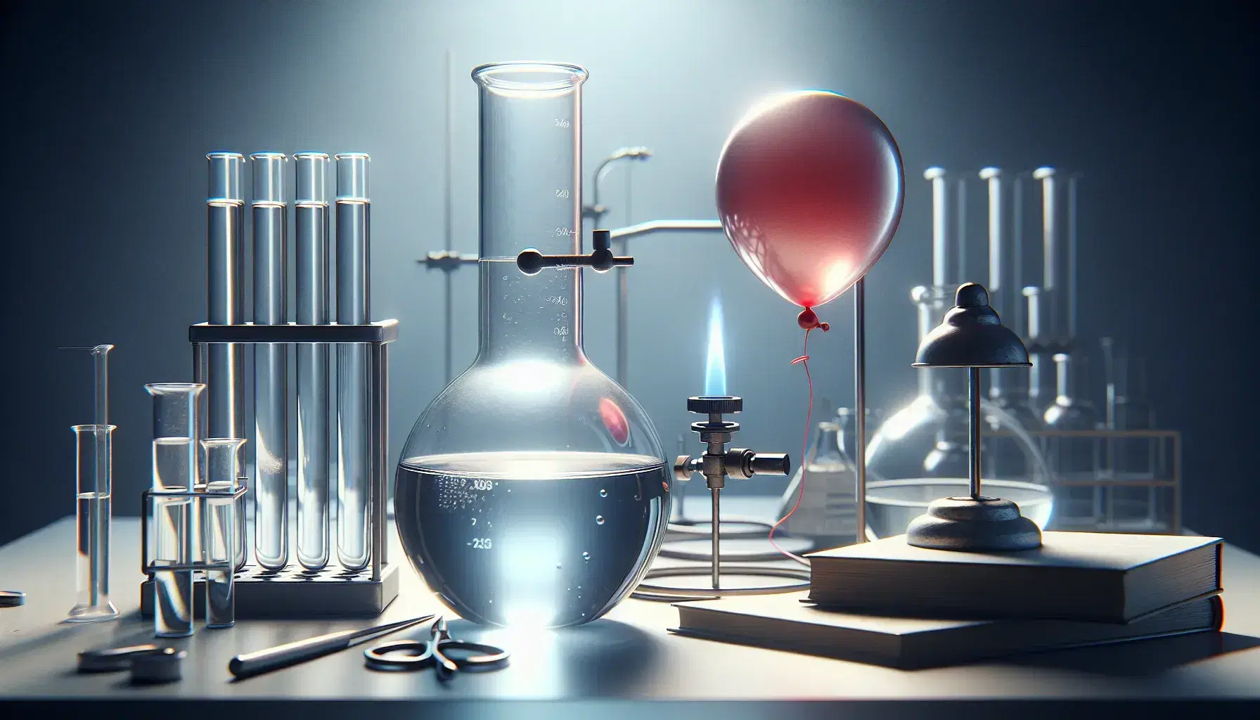 Laboratorio científico con matraz Erlenmeyer con líquido, tubo de ensayo con sólido blanco, globo rojo inflado y mechero Bunsen encendido sobre mesa blanca.