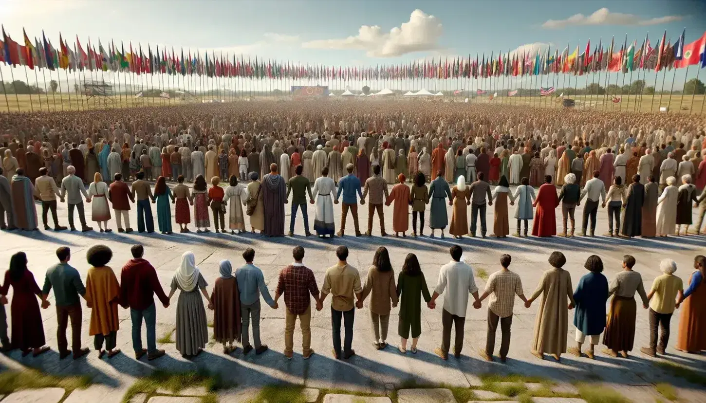 Grupo diverso de personas unidas en espacio abierto con banderas coloridas y cielo azul, simbolizando unidad y diversidad cultural.