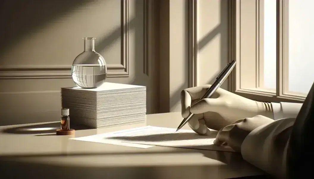 Tidy desk with glass beaker and clear liquid, gloved hands hold steel pen, clean blackboard in background, warm environment.